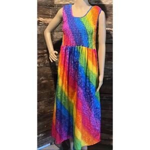 Bright Rainbow Colored One Size Sleeveless Smocked Summer Sun Midi Dress RINA